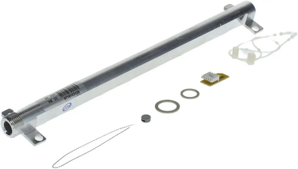 Langer Metallzylinder mit Anschlussgewinde, mehreren Dichtungen und einer kleinen Platine. Teil eines Umbausatzes von Bosch für Gasgeräte.